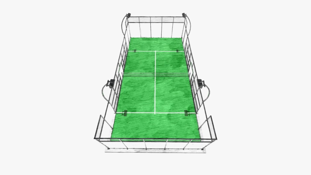 Blueprint-Entwurf eines Padel-Courts mit Belag in Court-Grün